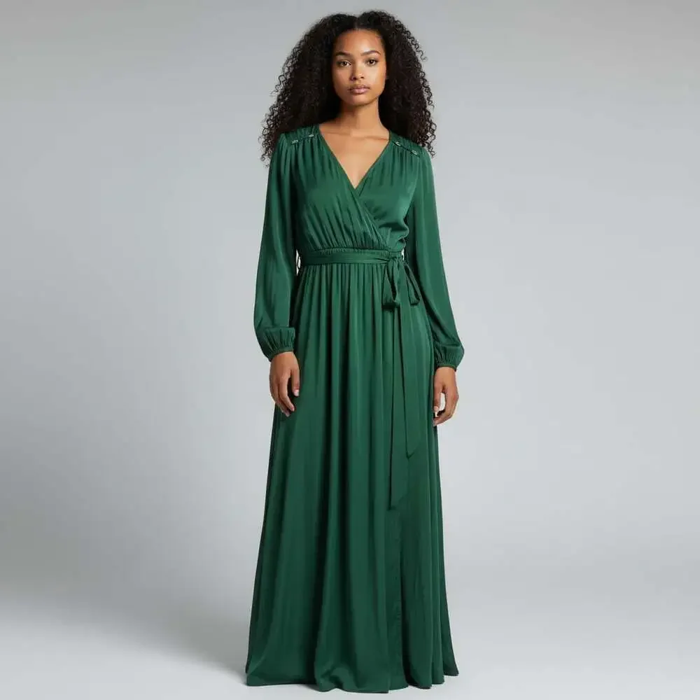 Forever 21 Green Long Sleeve Wrap Maxi Dress Size Small - Picture 1 of 5